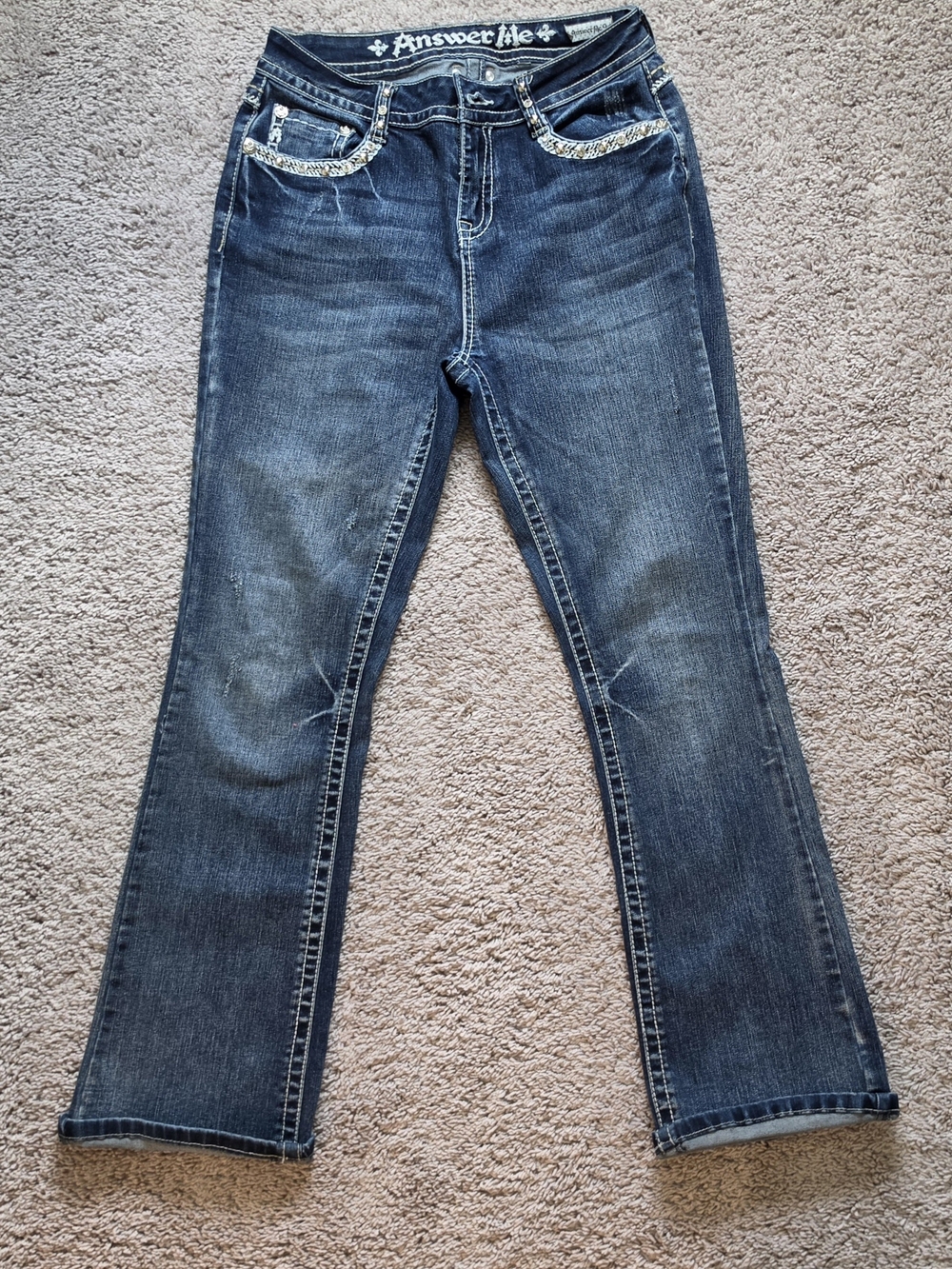 Answer Me Women's Dark Wash Boot Cut Jeans with Embellished Pockets
